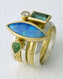 'Stacking Ring with Opal' in silver and 18K gold with marquise cut Opal